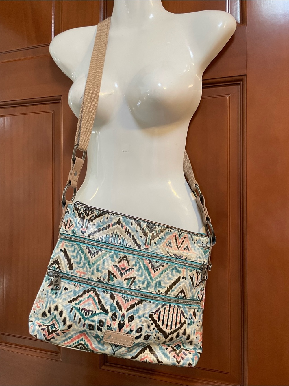 Sakroots Multicolor Light Blue and Tan Aztec Patterned Crossbody Bag